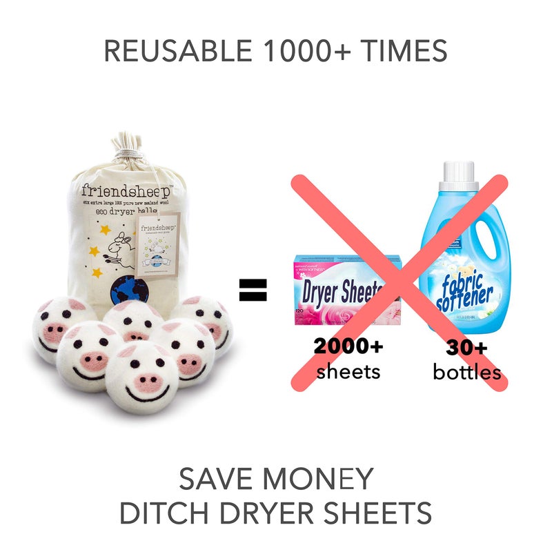 Friendsheep Wool Dryer Balls, Organic Reusable Fabric Softener Alternative for Laundry, Handmade, Fair Trade, Hypoallergenic, Eco-Friendly, Plastic-Free (6 Pack XL - Pig- Piggy Band) - Image 3